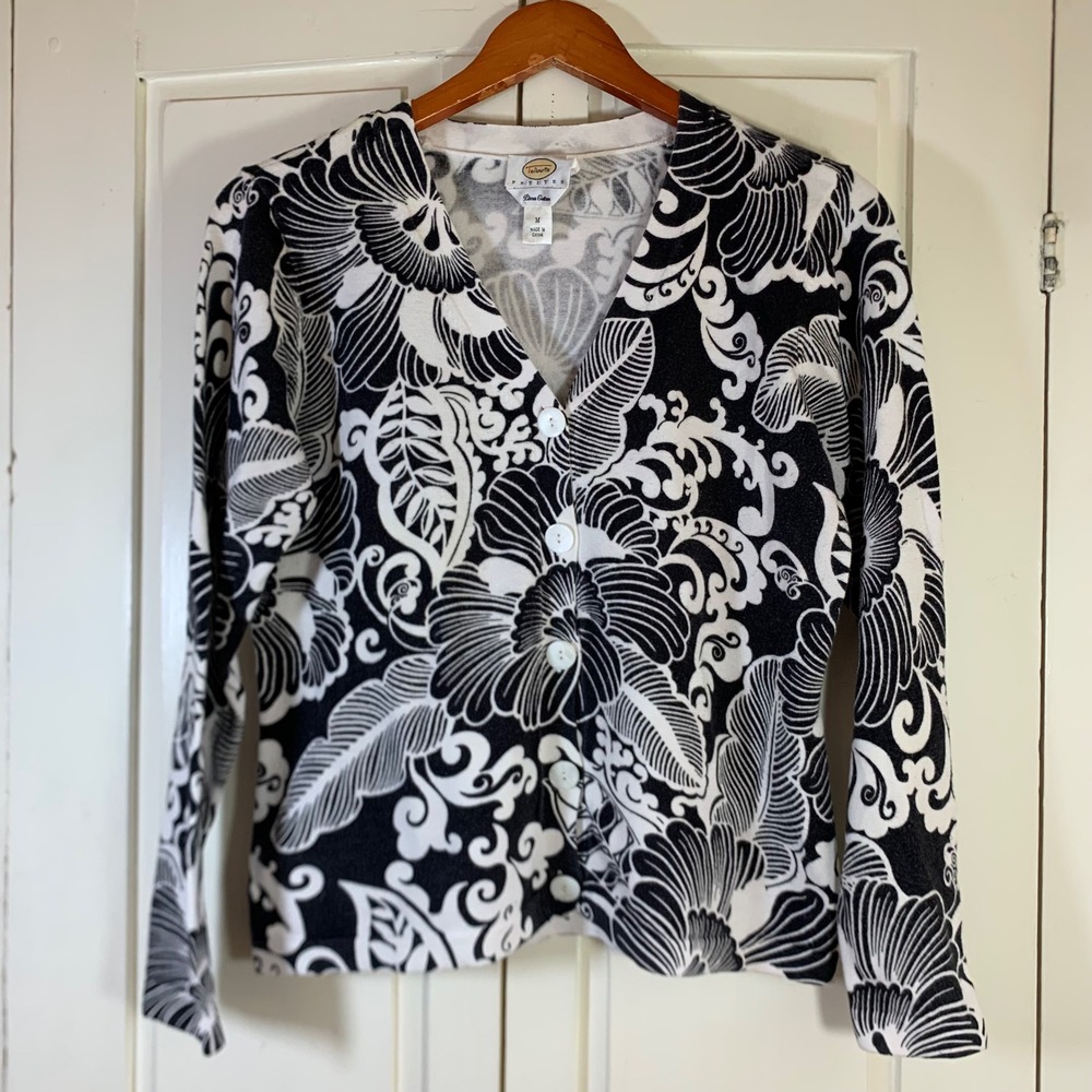 Talbots Petites Black White Floral Pima Cotton Cardigan Sweater M Petite READ